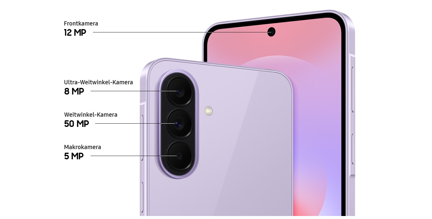Nahaufnahme des dreifachen Kamerasystems auf der Rückseite eines Galaxy A37 5G in Awesome Lavender sowie eine Nahaufnahme der Frontkamera. Das Galaxy A37 5G ist auf der Rückseite mit einer 50 MP-Weitwinkel-, einer 8 MP-Ultra-Weitwinkel- und einer 5 MP-Makrokamera ausgestattet sowie mit einer 12 MP-Frontkamera.


