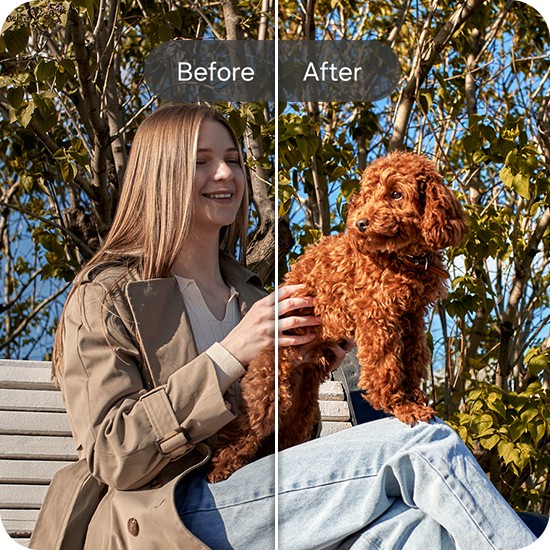 Vorher- und Nachher-Bild einer jungen Frau und ihres Hundes, die an einem hellen Tag draußen auf einer Parkbank sitzen. Das Nachher-Bild wurde mit Bearbeitungsvorschlägen auf dem Galaxy A37 5G für eine bessere Bildqualität bearbeitet.

