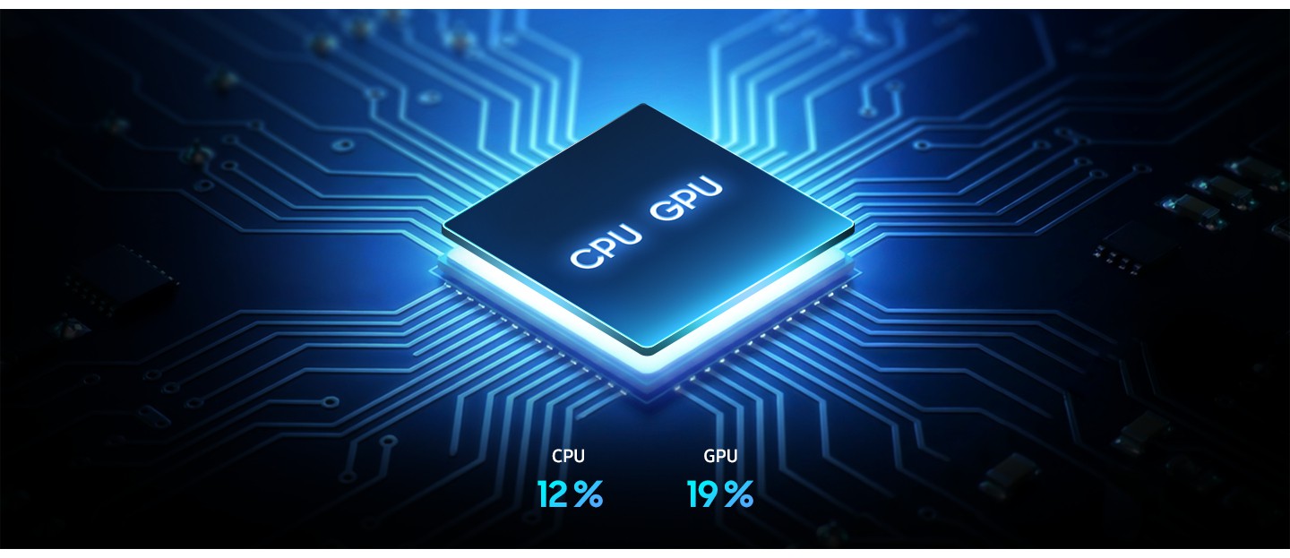Der Octa-Core-Prozessorchip des Galaxy A37 5G ist auf einem Raster eingebettet dargestellt. Die CPU-Leistung wurde um 12 % und die GPU-Leistung um 19 % gesteigert.


