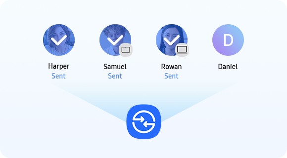 Zu sehen ist das Quick Share-Symbol, darüber eine Liste von vier Empfänger*innen mit Profilfotos, Namen und Geräten. Unter den ersten drei Empfänger*innen ist der Status „Gesendet“ zu sehen.

